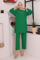 Tesettür giyim YEŞİL TAŞ DETAYLI BÜRÜMCÜK İKİLİ PANTOLONLU TAKIM T 2992