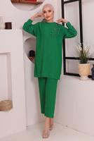 Tesettür giyim YEŞİL TAŞ DETAYLI BÜRÜMCÜK İKİLİ PANTOLONLU TAKIM T 2992