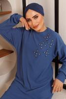 Tesettür giyim LACİVERT TAŞ DETAYLI BÜRÜMCÜK İKİLİ PANTOLONLU TAKIM T 2992