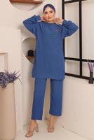 Tesettür giyim LACİVERT TAŞ DETAYLI BÜRÜMCÜK İKİLİ PANTOLONLU TAKIM T 2992