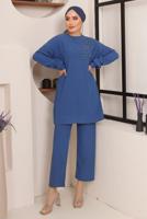 Tesettür giyim LACİVERT TAŞ DETAYLI BÜRÜMCÜK İKİLİ PANTOLONLU TAKIM T 2992