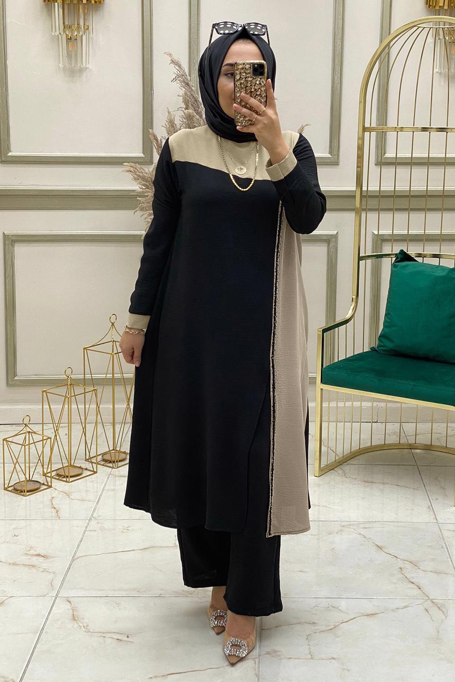 Tesettür giyim SİYAH PUL PAYET DETAYLI İKİ RENKLİ PANTOLONLU TAKIM T 30003