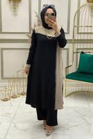 Tesettür giyim SİYAH PUL PAYET DETAYLI İKİ RENKLİ PANTOLONLU TAKIM T 30003