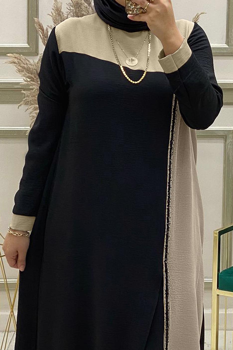 Tesettür giyim SİYAH PUL PAYET DETAYLI İKİ RENKLİ PANTOLONLU TAKIM T 30003