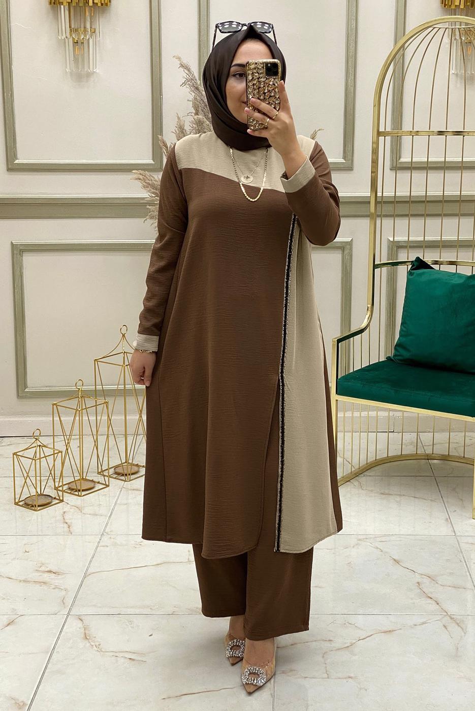 Tesettür giyim KAHVE PUL PAYET DETAYLI İKİ RENKLİ PANTOLONLU TAKIM T 30003