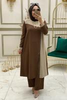 Tesettür giyim KAHVE PUL PAYET DETAYLI İKİ RENKLİ PANTOLONLU TAKIM T 30003