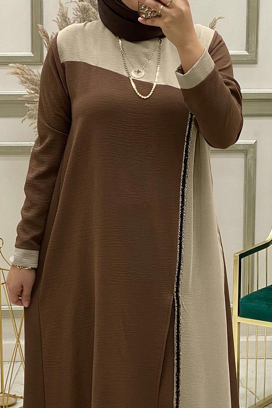 Tesettür giyim KAHVE PUL PAYET DETAYLI İKİ RENKLİ PANTOLONLU TAKIM T 30003