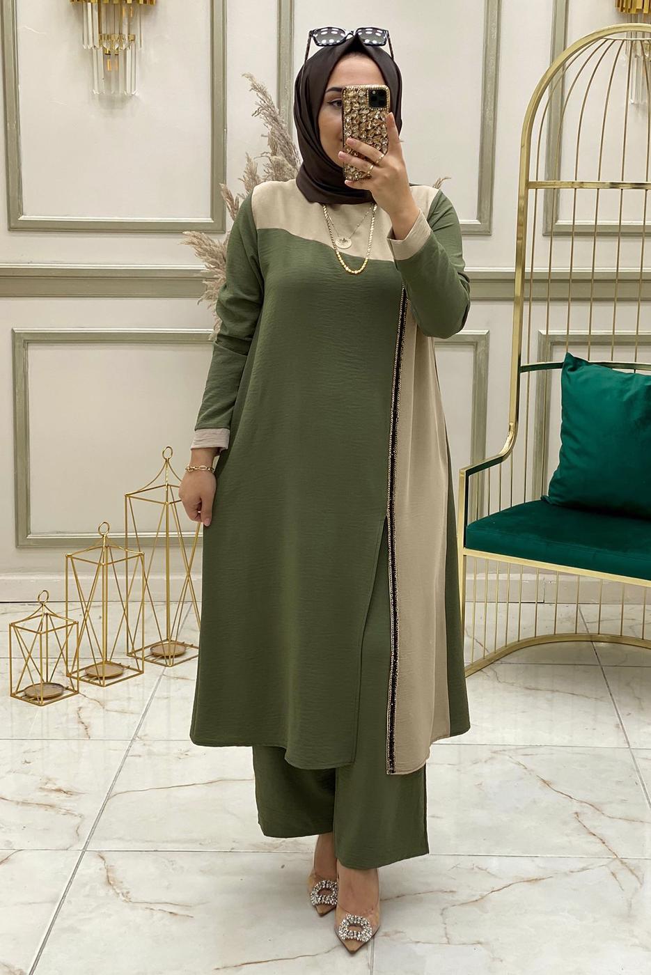 Tesettür giyim HAKİ PUL PAYET DETAYLI İKİ RENKLİ PANTOLONLU TAKIM T 30003