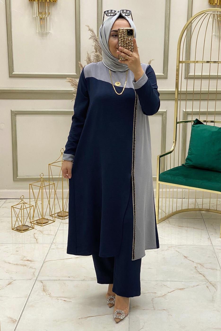 Tesettür giyim LACİVERT PUL PAYET DETAYLI İKİ RENKLİ PANTOLONLU TAKIM T 30003