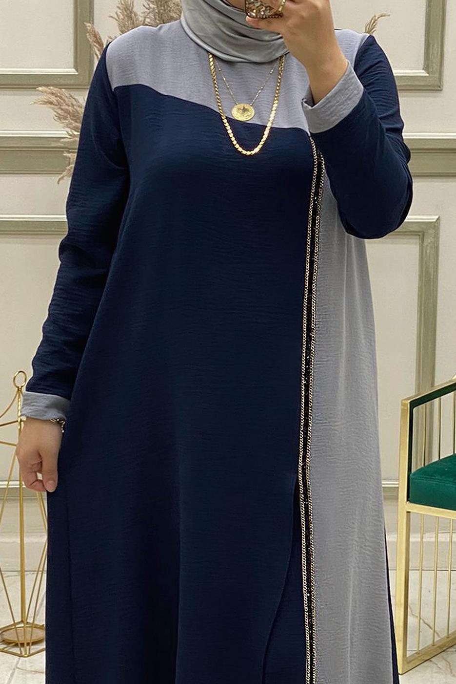 Tesettür giyim LACİVERT PUL PAYET DETAYLI İKİ RENKLİ PANTOLONLU TAKIM T 30003