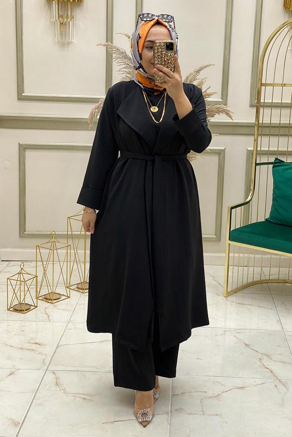 Vêtements hijab NOIR ENSEMBLE PANTALON LARGE CEINTURE 3 PIÈCES T 30013