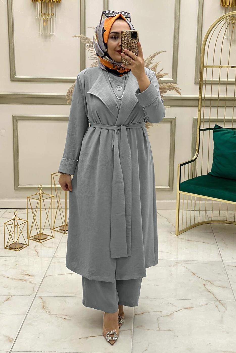 Vêtements hijab GRIS ENSEMBLE PANTALON LARGE CEINTURE 3 PIÈCES T 30013