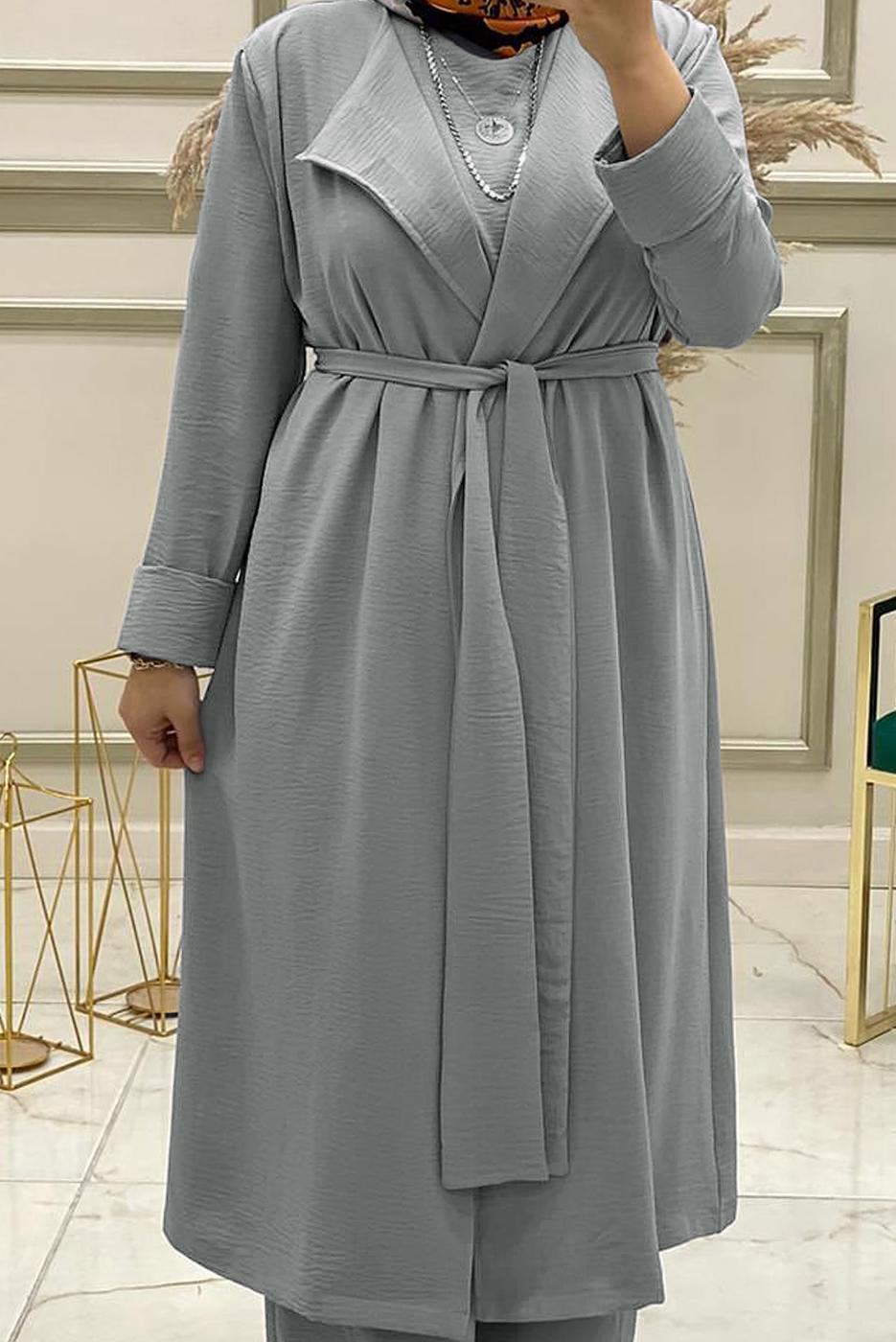 Vêtements hijab GRIS ENSEMBLE PANTALON LARGE CEINTURE 3 PIÈCES T 30013