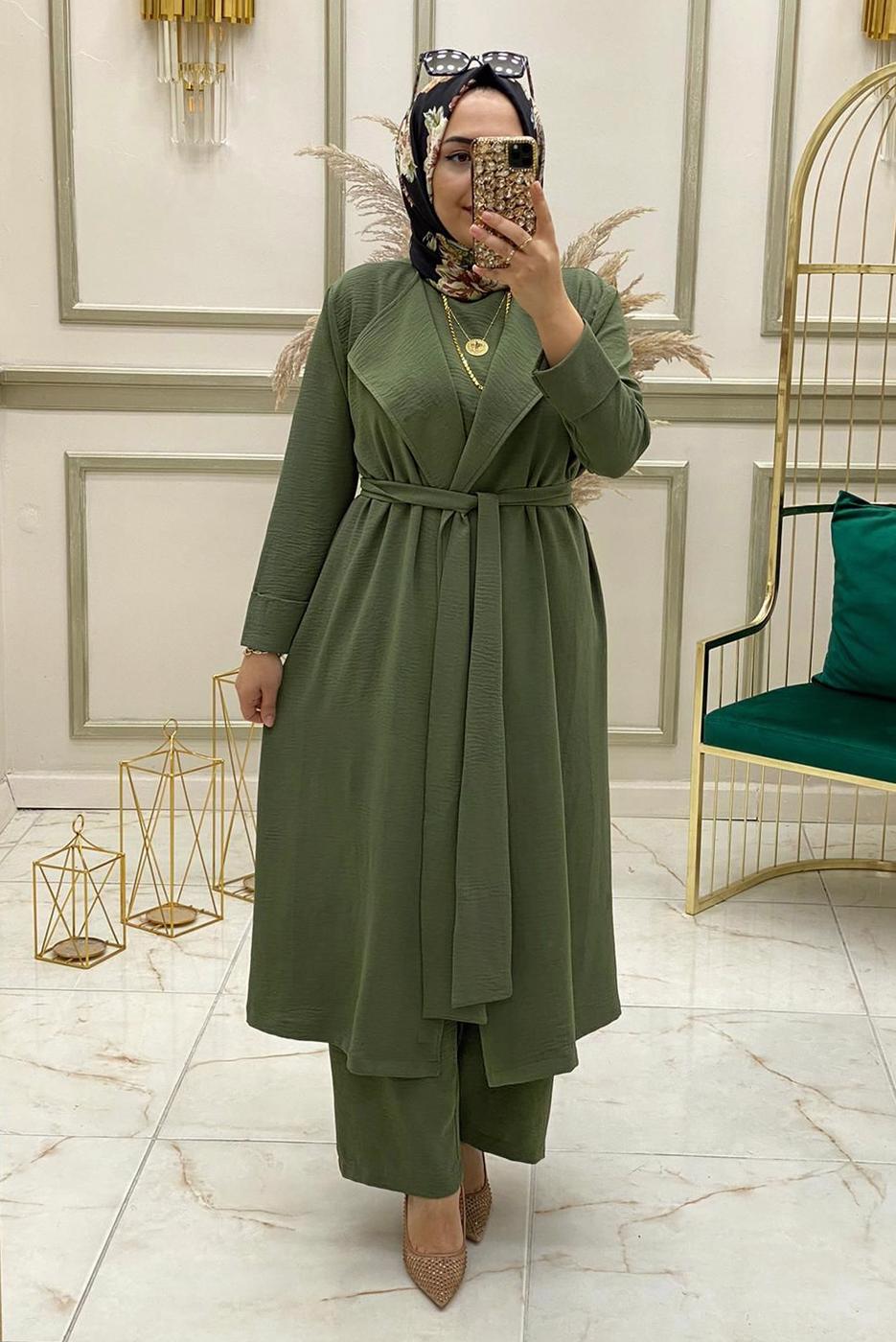 Vêtements hijab KAKI ENSEMBLE PANTALON LARGE CEINTURE 3 PIÈCES T 30013
