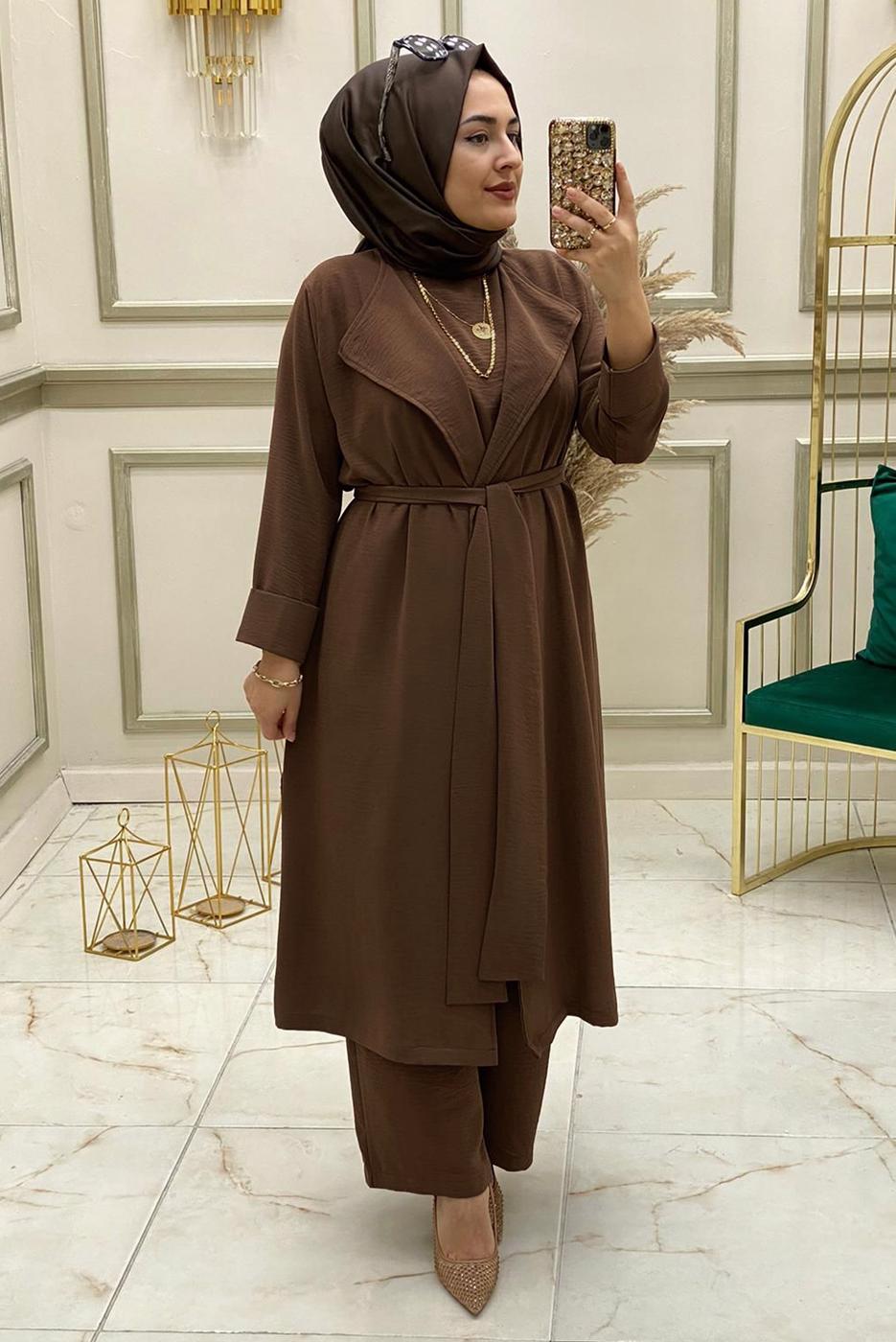 Tesettür giyim KAHVE KUŞAKLI GENİŞ PAÇA ÜÇLÜ PANTOLONLU TAKIM T 30013