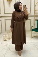 Tesettür giyim KAHVE KUŞAKLI GENİŞ PAÇA ÜÇLÜ PANTOLONLU TAKIM T 30013