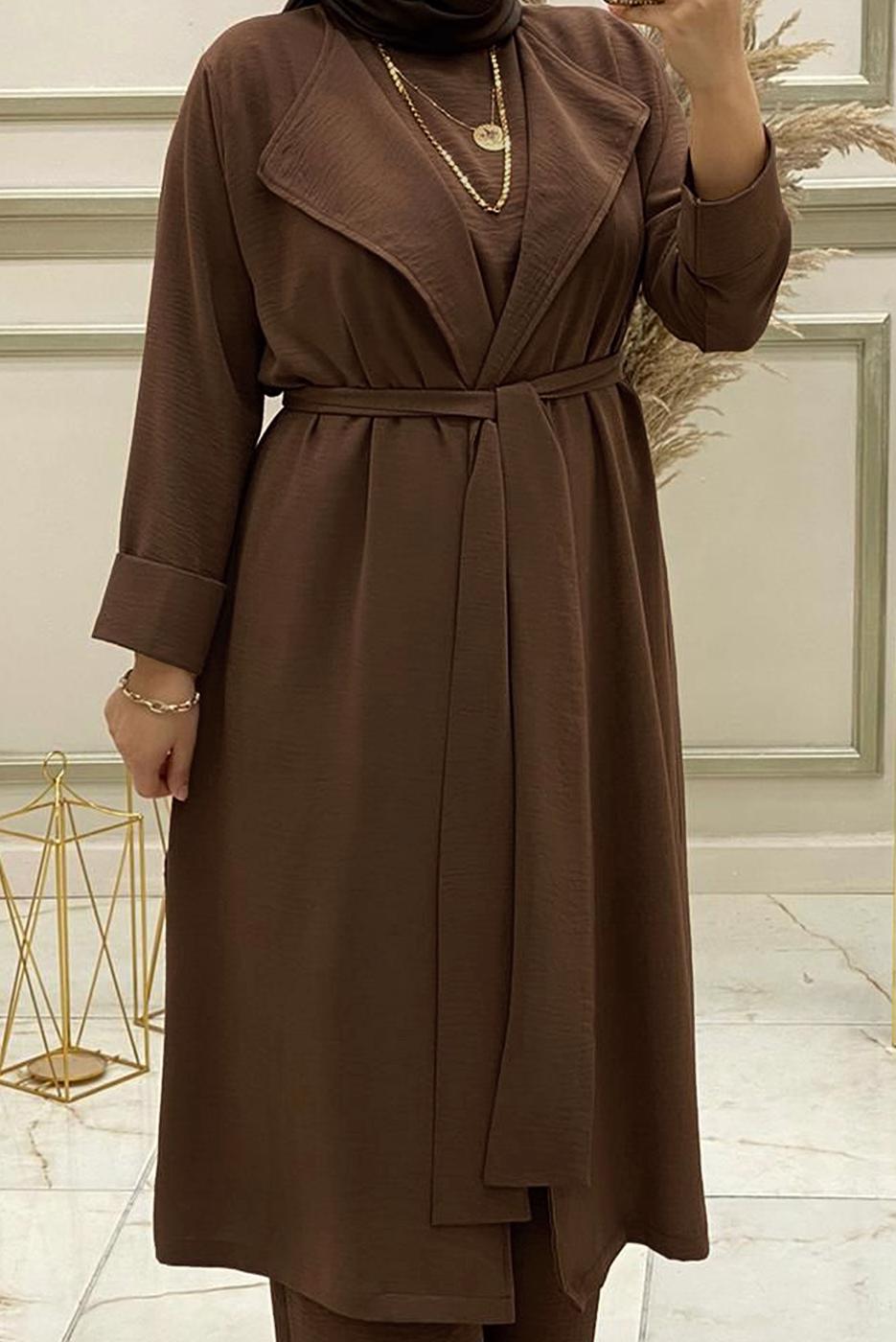 Tesettür giyim KAHVE KUŞAKLI GENİŞ PAÇA ÜÇLÜ PANTOLONLU TAKIM T 30013