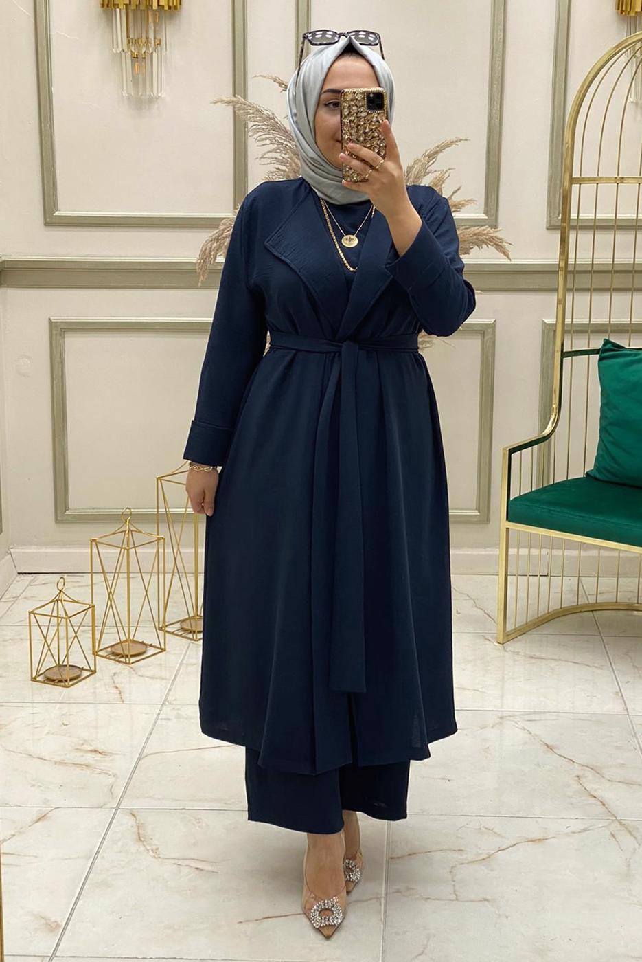 Vêtements hijab BLEU MARINE ENSEMBLE PANTALON LARGE CEINTURE 3 PIÈCES T 30013