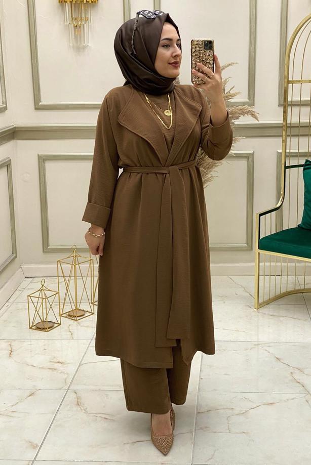 Tesettür giyim TABA KUŞAKLI GENİŞ PAÇA ÜÇLÜ PANTOLONLU TAKIM T 30013 - TRENDTESETTÜR