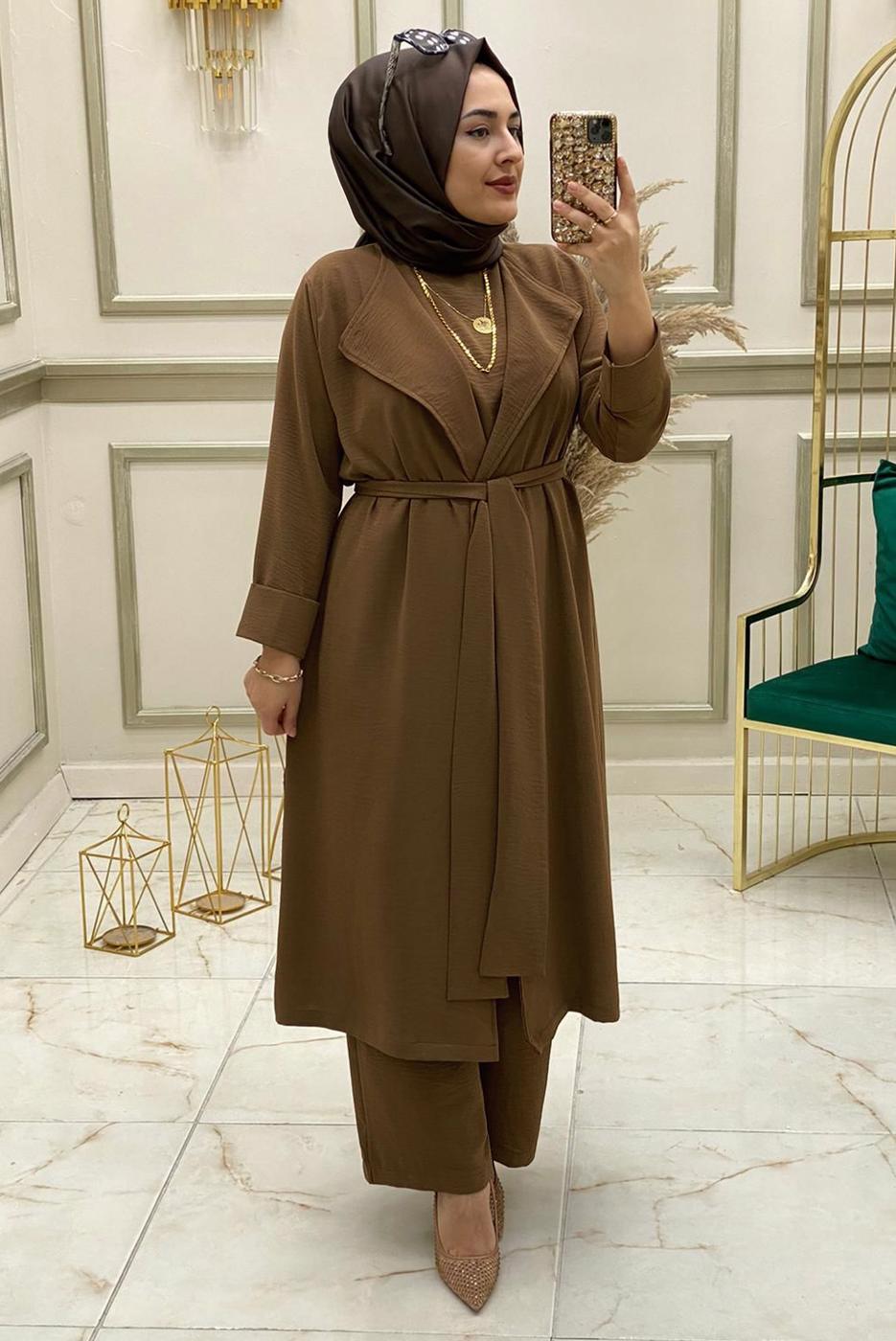 Tesettür giyim TABA KUŞAKLI GENİŞ PAÇA ÜÇLÜ PANTOLONLU TAKIM T 30013