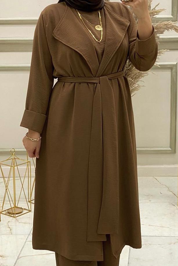 Tesettür giyim TABA KUŞAKLI GENİŞ PAÇA ÜÇLÜ PANTOLONLU TAKIM T 30013 - TRENDTESETTÜR