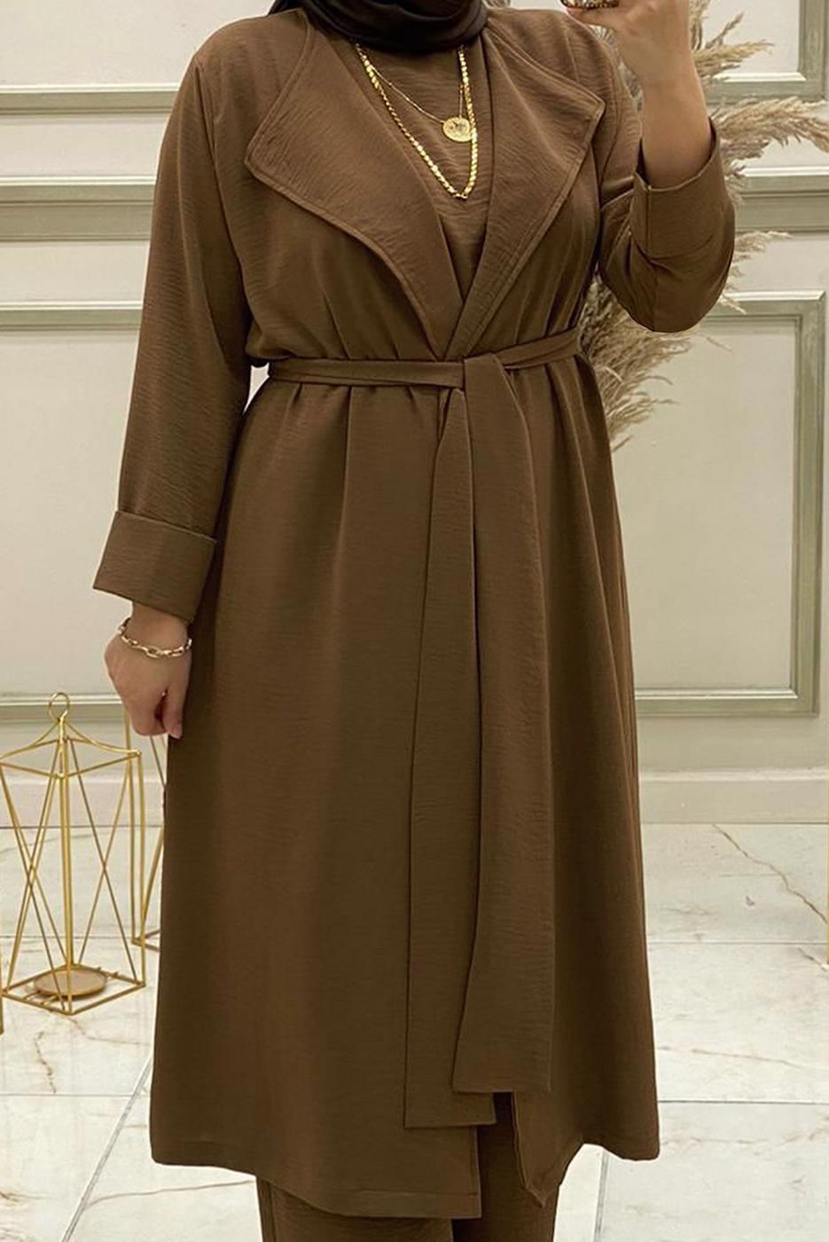 Tesettür giyim TABA KUŞAKLI GENİŞ PAÇA ÜÇLÜ PANTOLONLU TAKIM T 30013