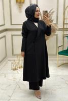 Tesettür giyim SİYAH DÜĞME KAPAMALI İKİLİ PANTOLONLU TAKIM T 30043