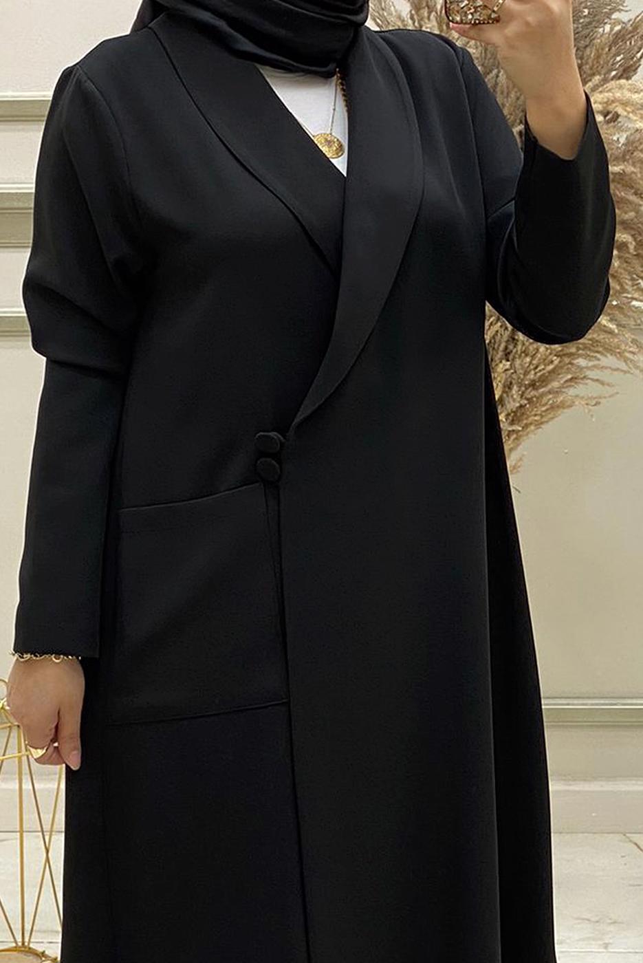 Tesettür giyim SİYAH DÜĞME KAPAMALI İKİLİ PANTOLONLU TAKIM T 30043