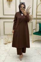 Tesettür giyim KAHVE DÜĞME KAPAMALI İKİLİ PANTOLONLU TAKIM T 30043