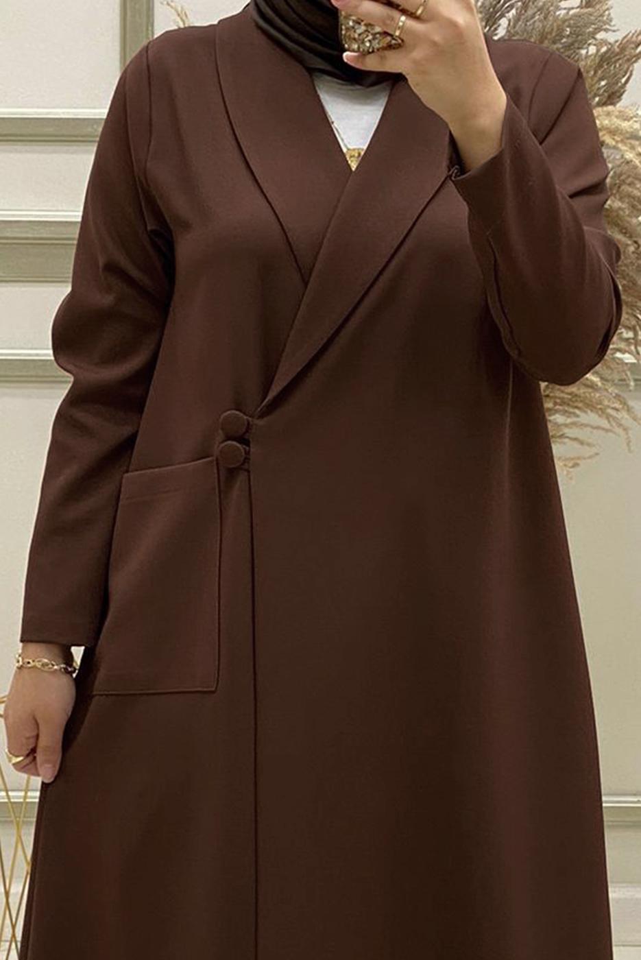 Tesettür giyim KAHVE DÜĞME KAPAMALI İKİLİ PANTOLONLU TAKIM T 30043