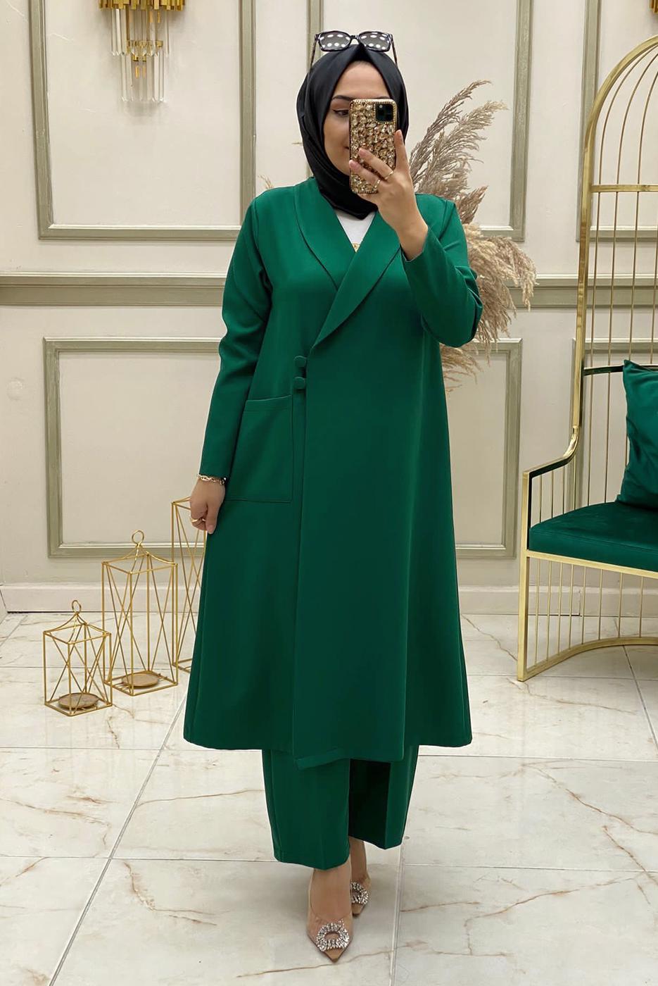 Tesettür giyim YEŞİL DÜĞME KAPAMALI İKİLİ PANTOLONLU TAKIM T 30043