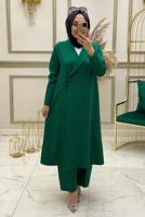 Tesettür giyim YEŞİL DÜĞME KAPAMALI İKİLİ PANTOLONLU TAKIM T 30043