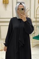 Tesettür giyim SİYAH YAKASI BAĞLAMA DETAYLI PANTOLONLU TAKIM T 30380