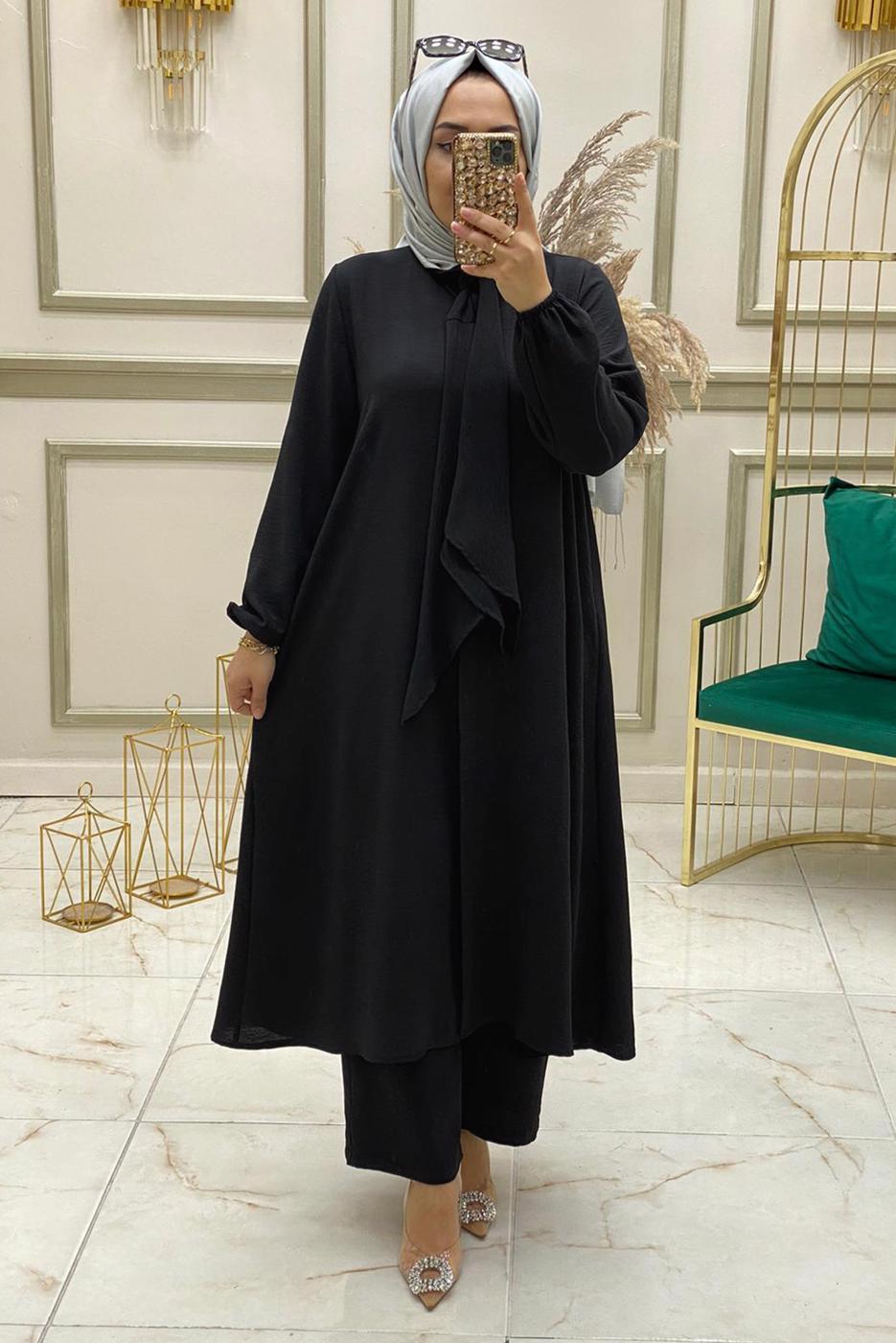 Tesettür giyim SİYAH YAKASI BAĞLAMA DETAYLI PANTOLONLU TAKIM T 30380