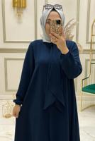 Tesettür giyim LACİVERT YAKASI BAĞLAMA DETAYLI PANTOLONLU TAKIM T 30380