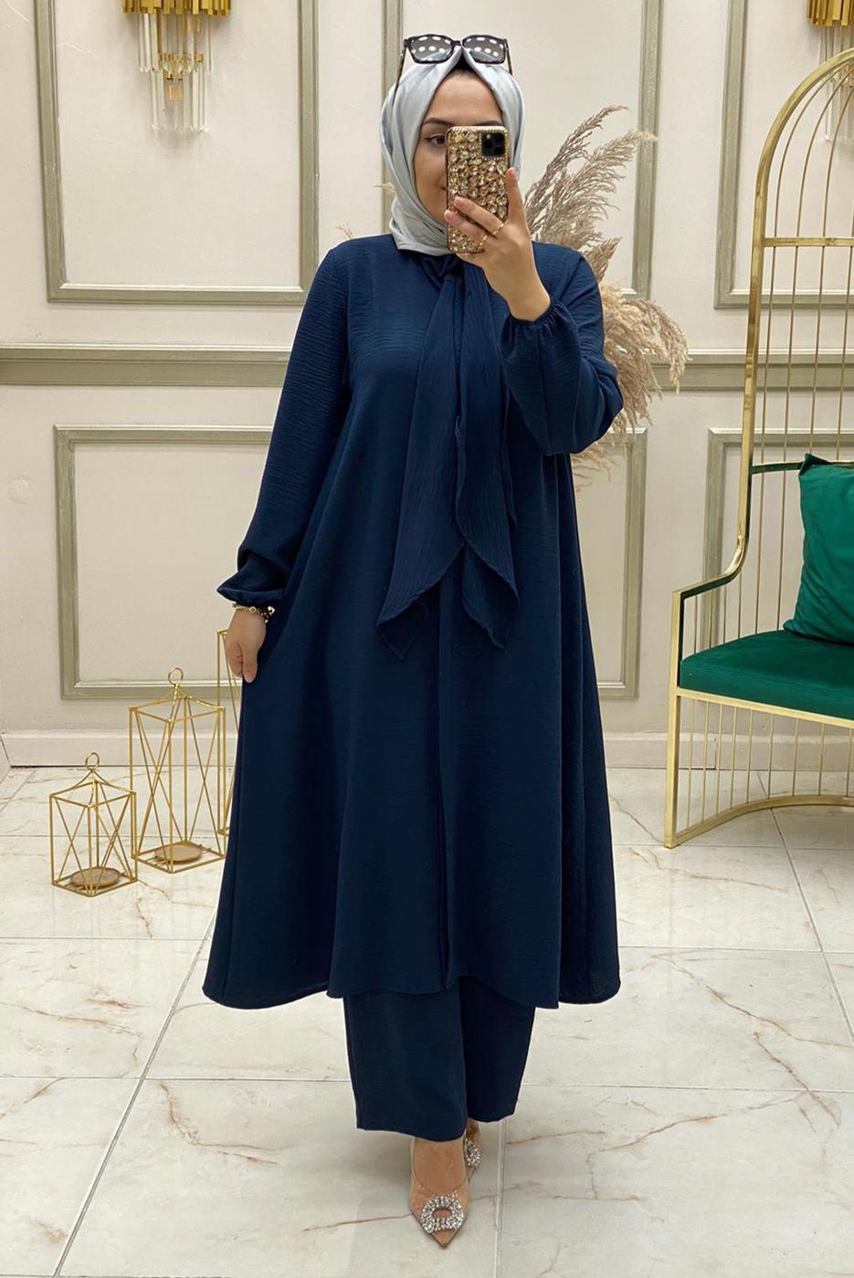 Tesettür giyim LACİVERT YAKASI BAĞLAMA DETAYLI PANTOLONLU TAKIM T 30380