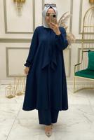 Tesettür giyim LACİVERT YAKASI BAĞLAMA DETAYLI PANTOLONLU TAKIM T 30380