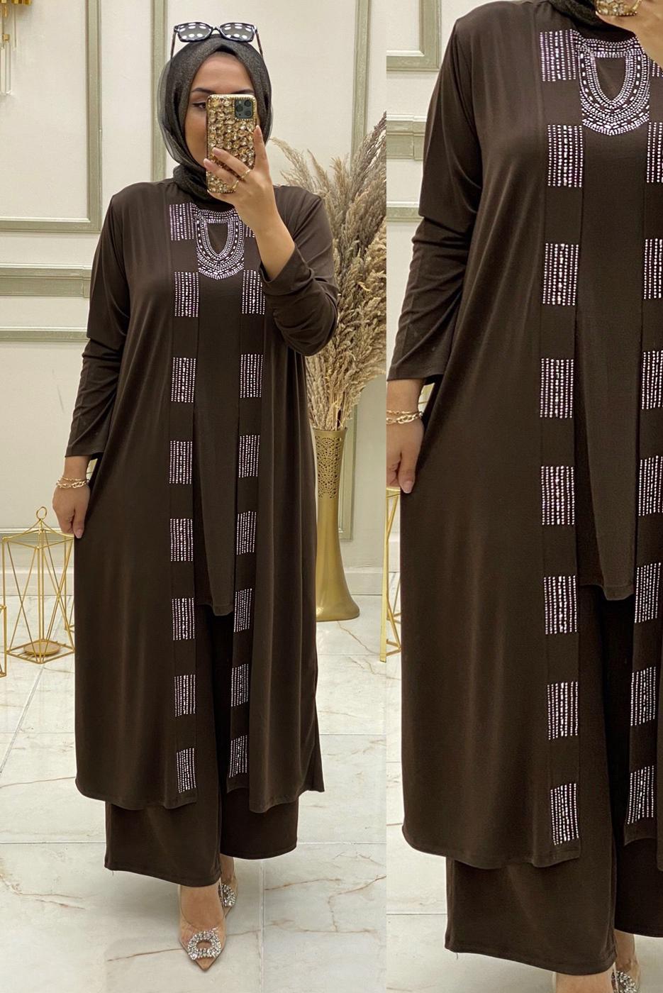 Tesettür giyim KAHVE ZIMBA DETAYLI ÜÇLÜ PANTOLONLU TAKIM T 30433