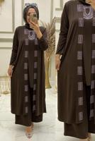 Tesettür giyim KAHVE ZIMBA DETAYLI ÜÇLÜ PANTOLONLU TAKIM T 30433