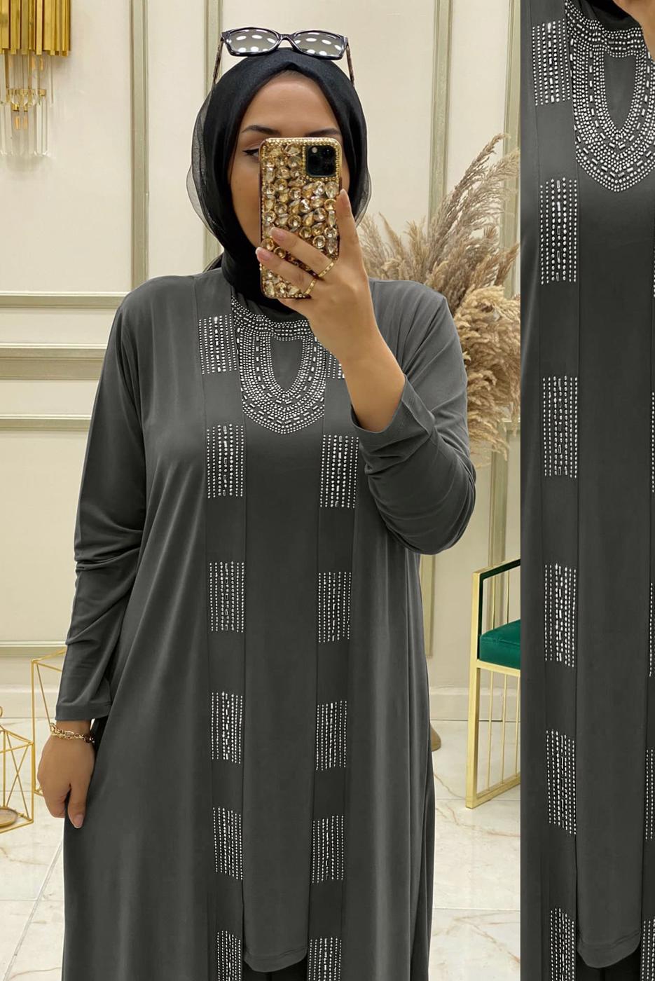 Tesettür giyim GRİ ZIMBA DETAYLI ÜÇLÜ PANTOLONLU TAKIM T 30433