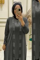 Tesettür giyim GRİ ZIMBA DETAYLI ÜÇLÜ PANTOLONLU TAKIM T 30433