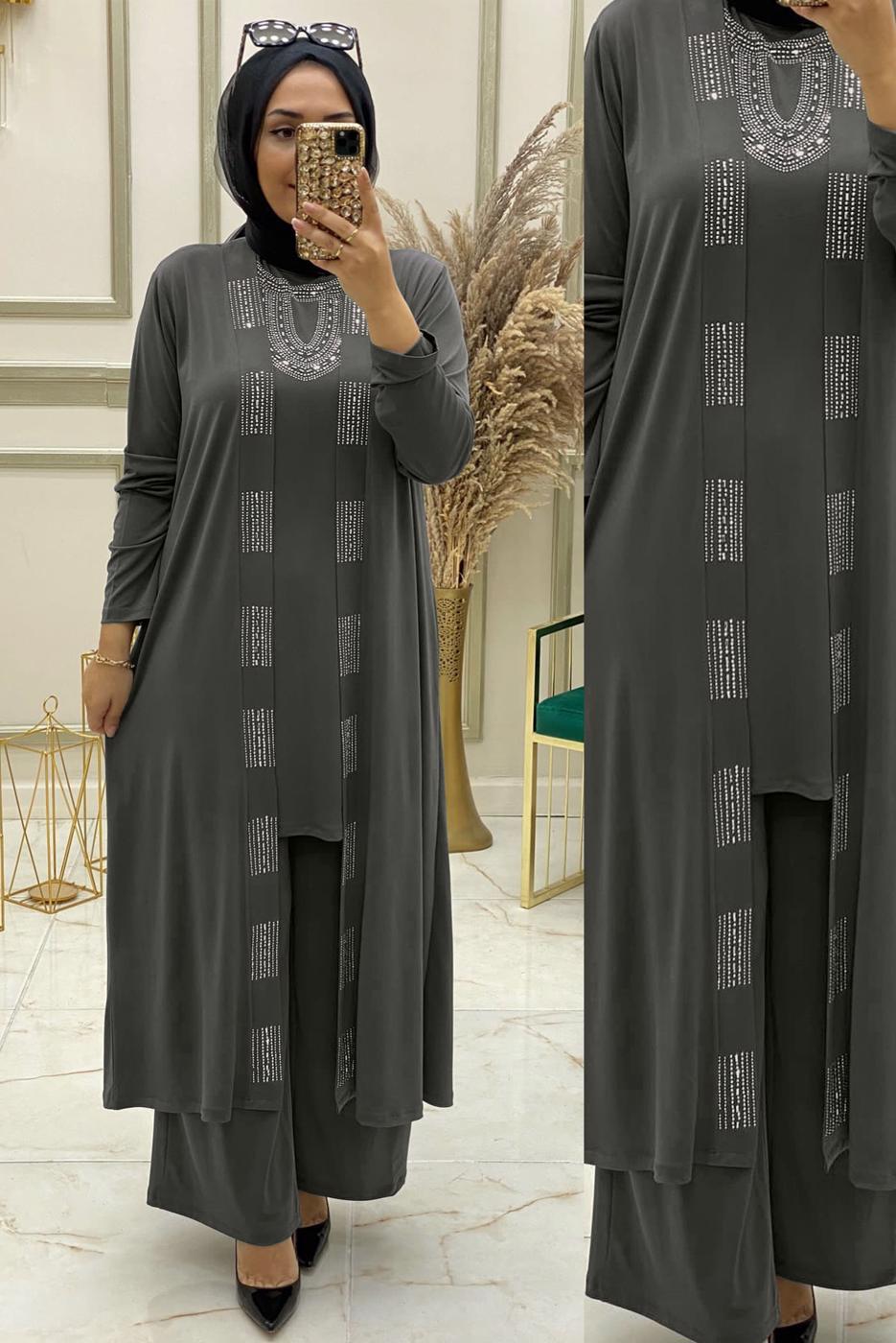 Tesettür giyim GRİ ZIMBA DETAYLI ÜÇLÜ PANTOLONLU TAKIM T 30433