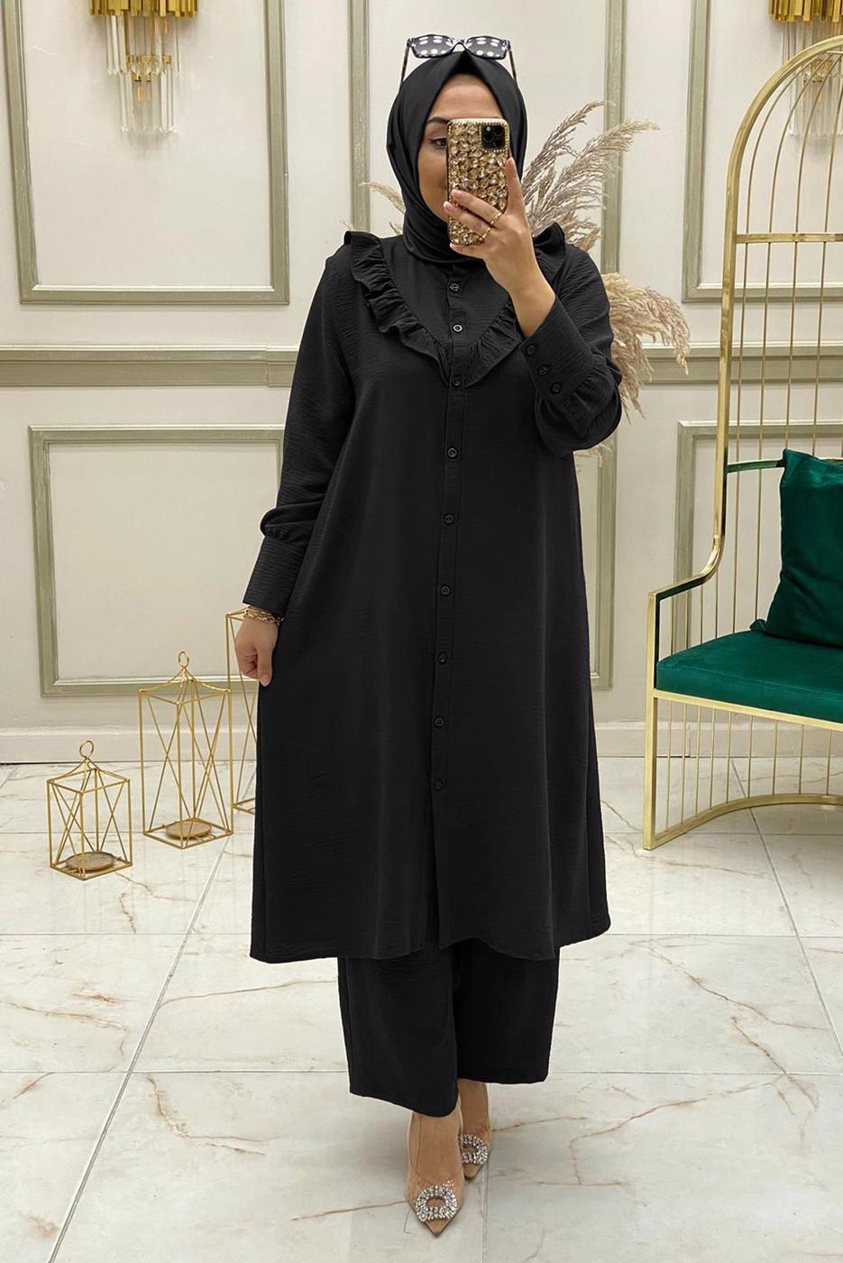 Tesettür giyim SİYAH FIRFIR DETAYLI DÜĞMELİ İKİLİ PANTOLONLU TAKIM T 30451