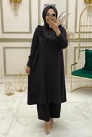 Tesettür giyim SİYAH FIRFIR DETAYLI DÜĞMELİ İKİLİ PANTOLONLU TAKIM T 30451