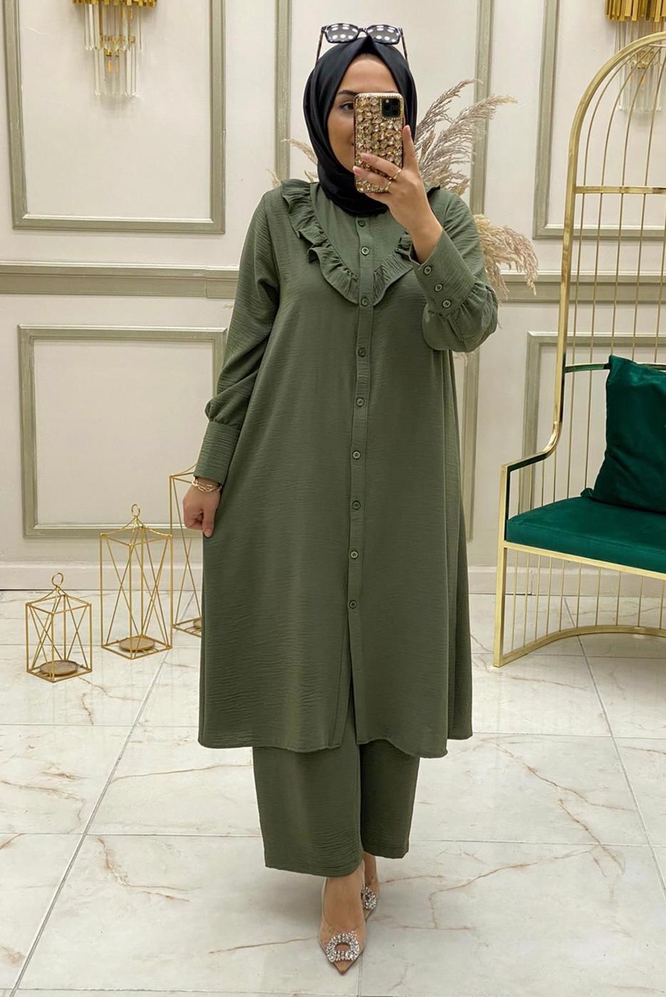 Tesettür giyim HAKİ FIRFIR DETAYLI DÜĞMELİ İKİLİ PANTOLONLU TAKIM T 30451