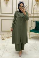 Tesettür giyim HAKİ FIRFIR DETAYLI DÜĞMELİ İKİLİ PANTOLONLU TAKIM T 30451