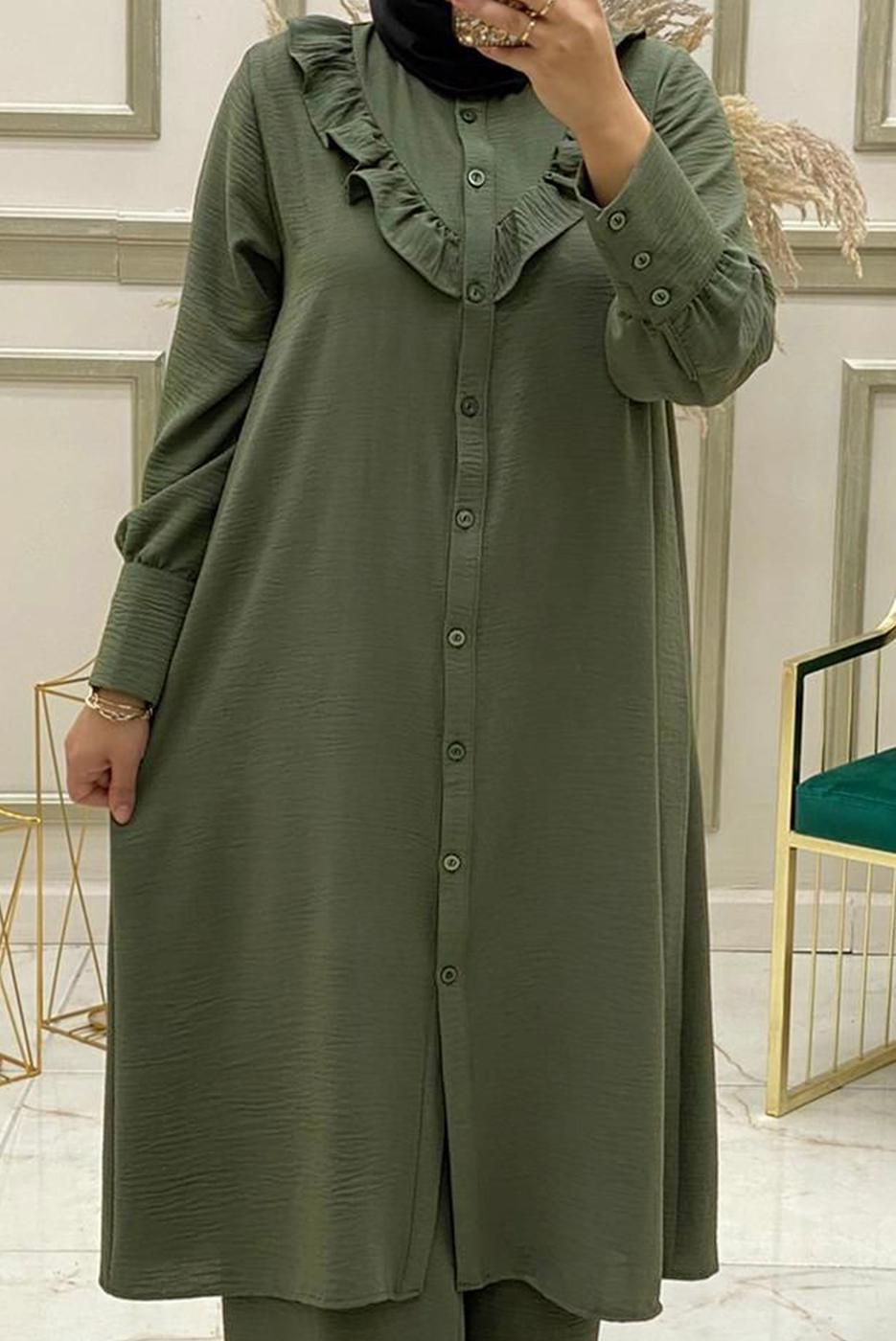 Tesettür giyim HAKİ FIRFIR DETAYLI DÜĞMELİ İKİLİ PANTOLONLU TAKIM T 30451