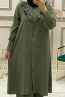 Tesettür giyim HAKİ FIRFIR DETAYLI DÜĞMELİ İKİLİ PANTOLONLU TAKIM T 30451