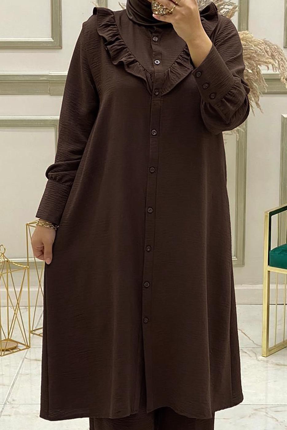 Tesettür giyim KAHVE FIRFIR DETAYLI DÜĞMELİ İKİLİ PANTOLONLU TAKIM T 30451