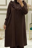 Tesettür giyim KAHVE FIRFIR DETAYLI DÜĞMELİ İKİLİ PANTOLONLU TAKIM T 30451